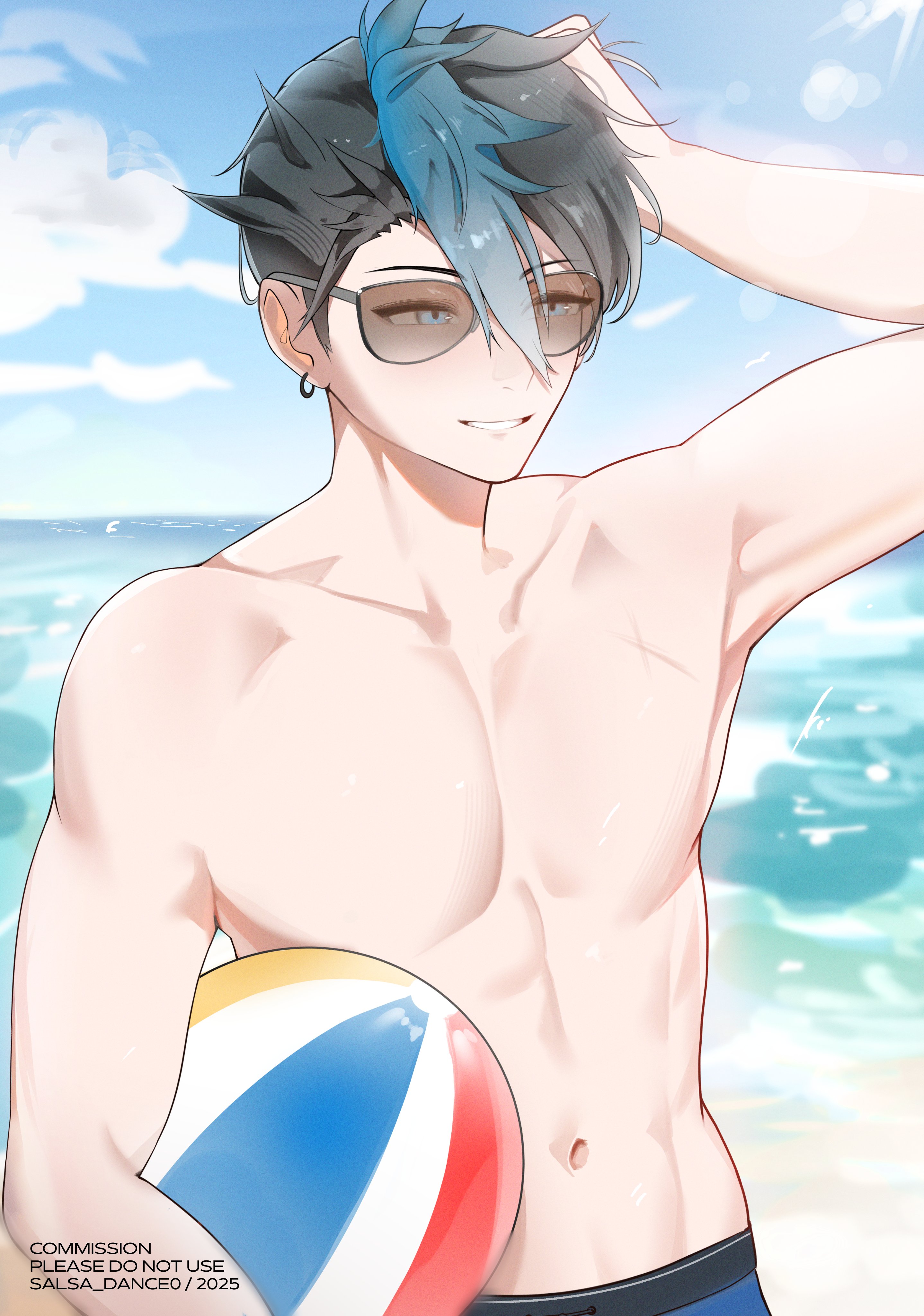 salsa dance, van arkride, eiyuu densetsu, kuro no kiseki, kuro no kiseki (series), kuro no kiseki ii, absurdres, commentary, commission, english commentary, highres, 1boy, abs, ball, beach, beachball, black hair, blue eyes, blue hair, blue sky, cloud, collar, dated, double-parted bangs, ear piercing, english text, hair between eyes, hair slicked back, holding, holding ball, holding beachball, male chest, male focus, multicolored hair, muscular, muscular male, ocean, outdoors, piercing, scratching head, short hair, sky, solo, sunglasses, twitter username, two-tone hair