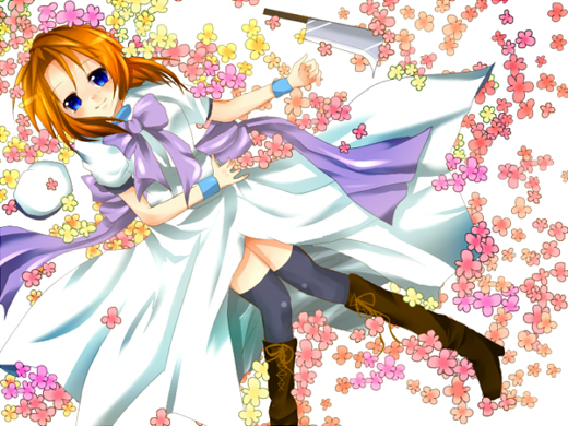 ryuuguu rena, higurashi no naku koro ni, 00s, 1girl, black thighhighs, blue eyes, boots, bow, bowtie, brown boots, female focus, from above, knee boots, looking at viewer, lying, on back, orange hair, pink bow, pink bowtie, short hair, solo, thighhighs, zettai ryouiki