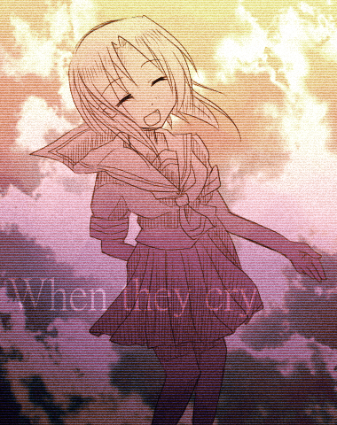 ryuuguu rena, higurashi no naku koro ni, lowres, 00s, 1girl, :d, ^ ^, blonde hair, blush, closed eyes, female focus, long sleeves, open mouth, pink skirt, pink theme, sailor collar, shirt, short hair, skirt, smile, solo, standing, white shirt