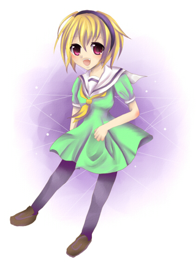 houjou satoko, higurashi no naku koro ni, 00s, 1girl, :d, black pantyhose, blonde hair, blush, dress, female focus, full body, green dress, loafers, looking at viewer, open mouth, pantyhose, puffy short sleeves, puffy sleeves, red eyes, sailor collar, sailor dress, shoes, short sleeves, smile, solo, tareme