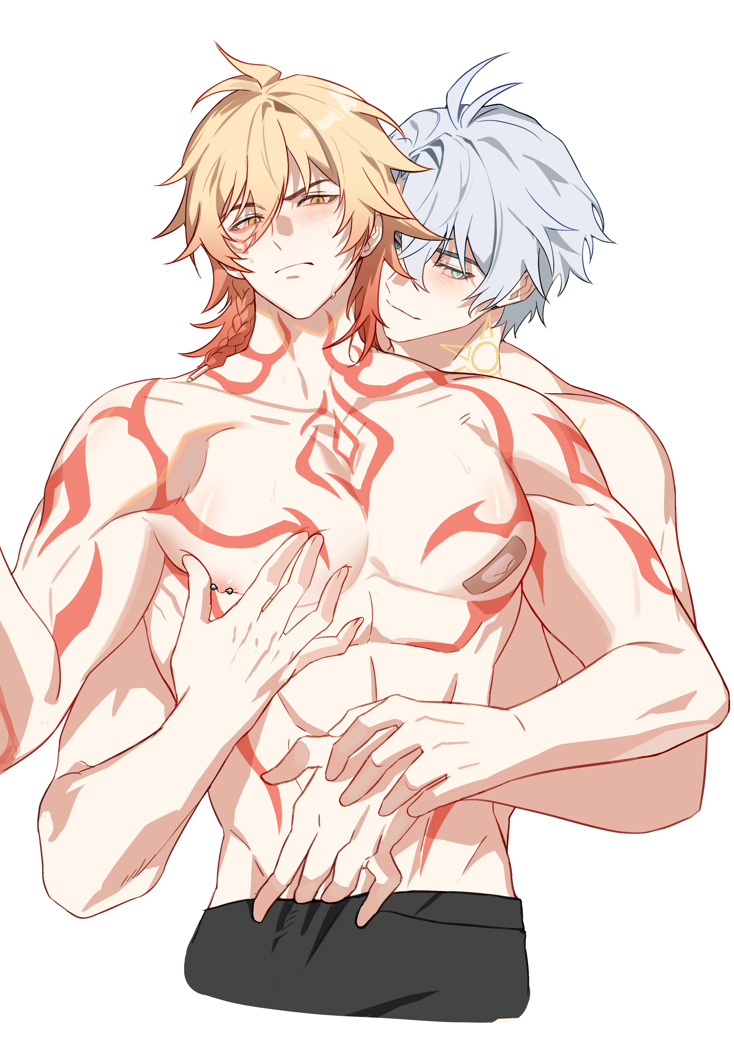 jujeop, mydei (honkai: star rail), phainon (honkai: star rail), honkai: star rail, honkai (series), absurdres, hashtag-only commentary, highres, 2boys, antenna hair, arm tattoo, bandaid, bandaids on nipples, blonde hair, blue eyes, braid, chest tattoo, facial tattoo, grabbing from behind, gradient hair, hair between eyes, male focus, medium hair, multicolored hair, multiple boys, neck tattoo, nipple piercing, pasties, pectoral grab, piercing, red hair, red tattoo, short hair, side braid, simple background, sun symbol, sun tattoo, tan, tattoo, topless male, white background, white hair, yaoi, yellow eyes