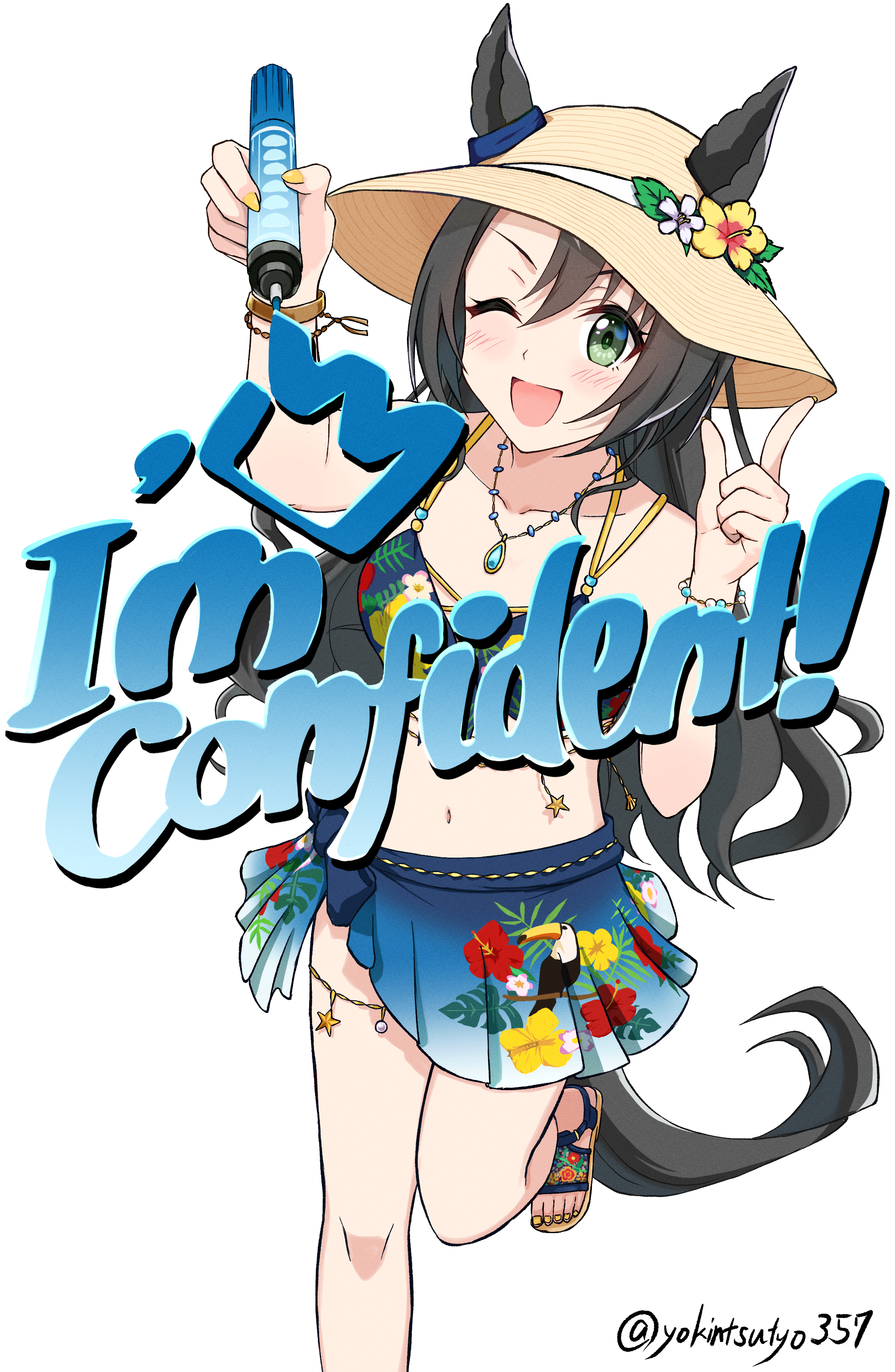 chokin tsucho, satono crown (sunny island splendor) (umamusume), satono crown (umamusume), umamusume, absurdres, commentary request, highres, 1girl, ;d, animal ears, bikini, black hair, blue bikini, blush, breasts, brown hat, brown sandals, ears through headwear, english text, floral print, flower, green eyes, hair between eyes, hands up, hat, hat flower, horse ears, horse girl, horse tail, index finger raised, long hair, looking at viewer, nail polish, navel, one eye closed, open mouth, parted bangs, print bikini, sandals, simple background, small breasts, smile, solo, standing, standing on one leg, swimsuit, tail, twitter username, very long hair, white background, white flower, yellow flower, yellow nails
