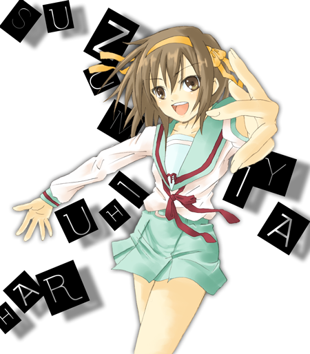 suzumiya haruhi, suzumiya haruhi no yuuutsu, 00s, 1girl, blue skirt, brown eyes, brown hair, female focus, letter, long sleeves, looking at viewer, necktie, red ribbon, ribbon, school uniform, serafuku, simple background, skirt, solo, standing, white background