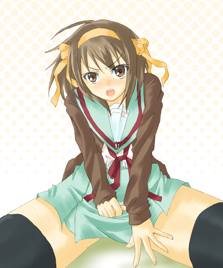 suzumiya haruhi, suzumiya haruhi no yuuutsu, 00s, 1girl, :o, black thighhighs, blue skirt, blush, brown eyes, brown hair, female focus, foreshortening, long sleeves, looking at viewer, open mouth, sitting, skirt, solo, thighhighs, zettai ryouiki