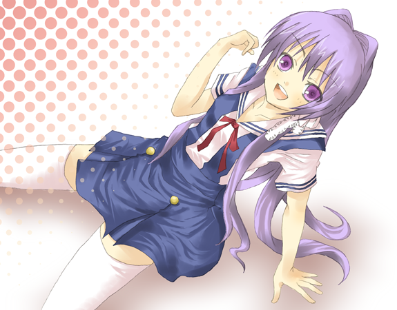 fujibayashi kyou, clannad, 00s, 1girl, :d, blush, buttons, female focus, halftone, long hair, looking at viewer, open mouth, polka dot, polka dot background, purple eyes, purple hair, school uniform, serafuku, shirt, short sleeves, simple background, sitting, smile, solo, thighhighs, very long hair, white shirt, white thighhighs, zettai ryouiki