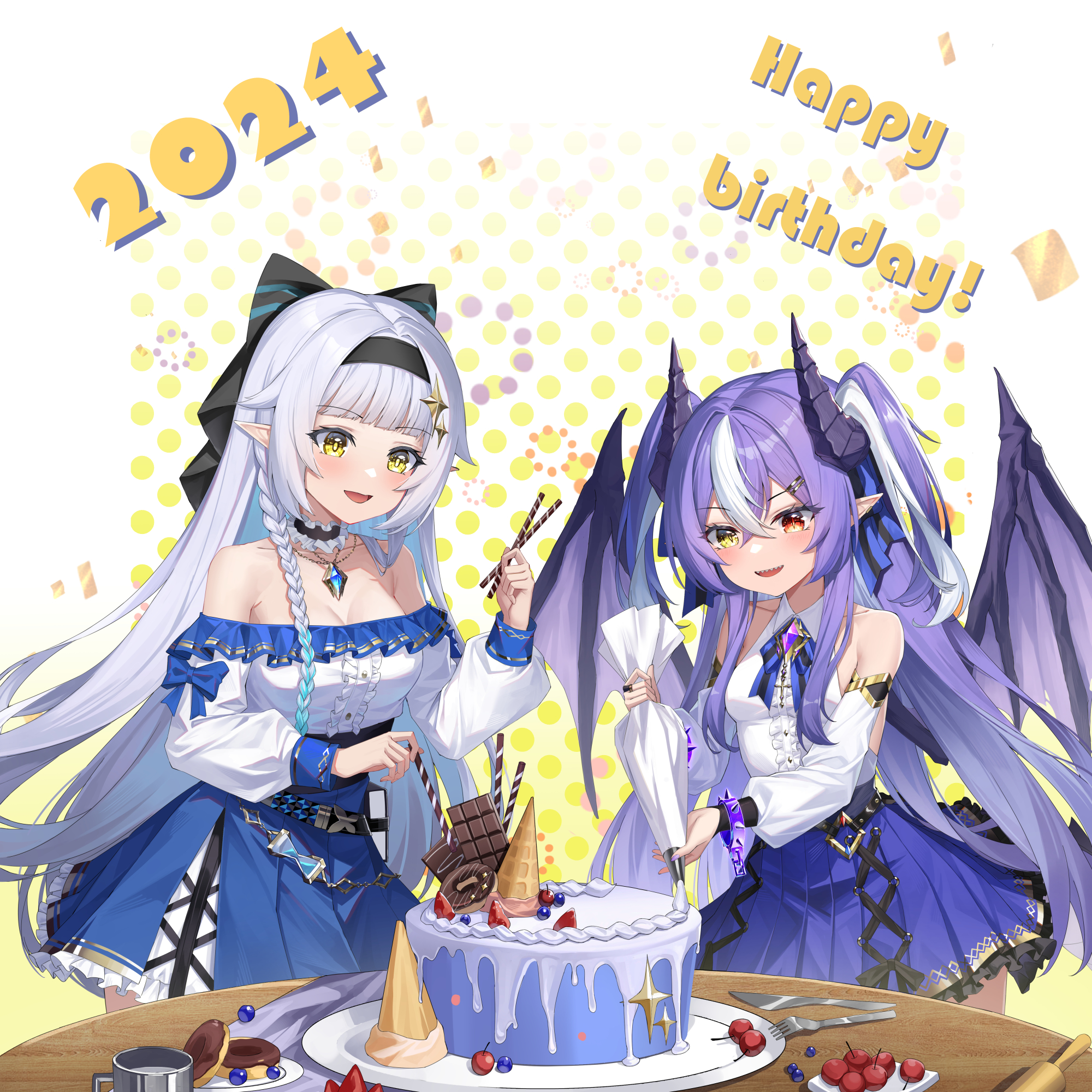 shaoxiao, original, chinese commentary, commentary request, highres, 2024, 2girls, :d, bare shoulders, black bow, black choker, black hairband, blue skirt, blunt bangs, blush, bow, braid, breasts, buttons, cake, center frills, choker, cleavage, collarbone, collared shirt, cowboy shot, cream, detached sleeves, donut, double-parted bangs, dragon girl, dragon wings, elf, food, fork, frilled choker, frilled skirt, frills, gradient background, hair between eyes, hair bow, hair ornament, hairband, hairclip, happy birthday, heterochromia, horns, jewelry, knife, large breasts, long hair, long sleeves, medium breasts, multicolored hair, multiple girls, necklace, off-shoulder shirt, off shoulder, open mouth, parallel hairclips, plate, pleated skirt, pointy ears, purple hair, purple horns, red eyes, sharp teeth, shirt, single braid, skirt, sleeveless, sleeveless shirt, smile, sparkle hair ornament, table, teeth, two-tone background, two-tone hair, two side up, white background, white hair, white shirt, white sleeves, wings, yellow background, yellow eyes