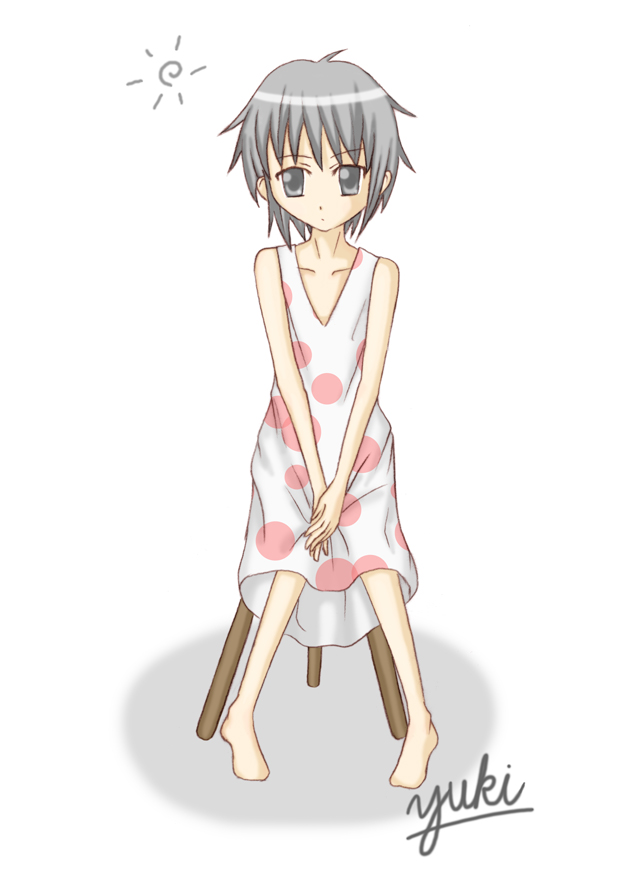 nagato yuki, suzumiya haruhi no yuuutsu, eyebrows, silver hair, 00s, 1girl, alternate costume, alternate eye color, barefoot, collarbone, dress, female focus, full body, grey eyes, polka dot, polka dot dress, short hair, signature, sitting, sleeveless, sleeveless dress, solo, sun, white background