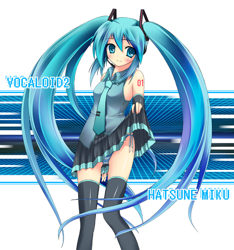 hatsune miku, vocaloid, 1girl, blue hair, clothes lift, female focus, long hair, panties, side-tie panties, skirt, skirt lift, smile, solo, striped clothes, striped panties, thighhighs, twintails, underwear, very long hair