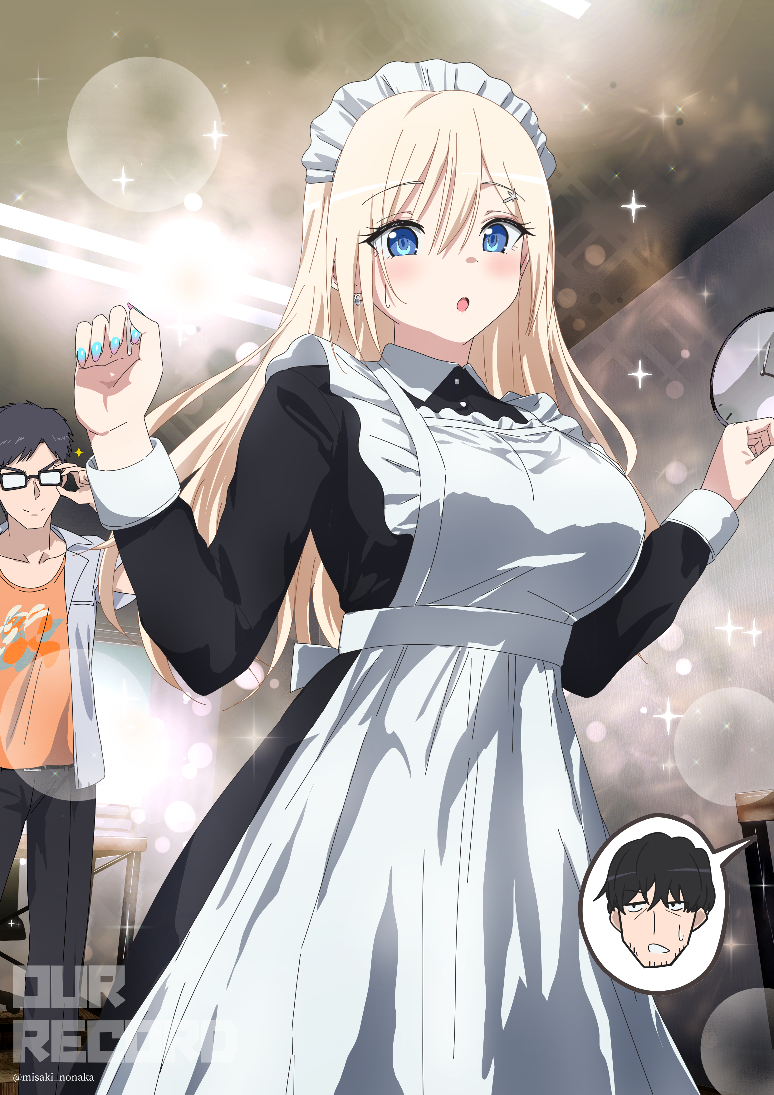 misaki nonaka, original, absurdres, commentary request, highres, >:), 1girl, 2boys, adjusting eyewear, apron, black dress, black hair, black pants, blonde hair, blue eyes, breasts, clock, closed mouth, collarbone, collared dress, collared shirt, dress, dress shirt, facial hair, frilled apron, frills, glasses, grey shirt, hair between eyes, hand up, hands up, indoors, large breasts, long hair, long sleeves, maid, maid apron, maid headdress, multiple boys, opaque glasses, open clothes, open shirt, orange shirt, pants, parted lips, shirt, smile, sparkle, stubble, twitter username, v-shaped eyebrows, very long hair, wall clock, watermark, white apron