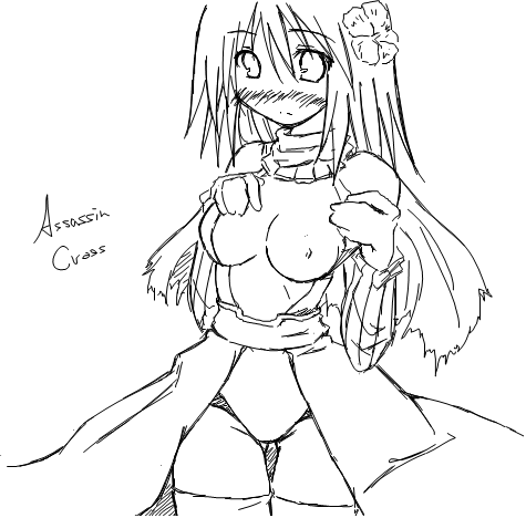 kaminagi (kaminagi-tei), assassin (ragnarok online), ragnarok online, lowres, 1girl, assassin, breast slip, breasts, female focus, greyscale, monochrome, nipples, one breast out, solo, thighhighs