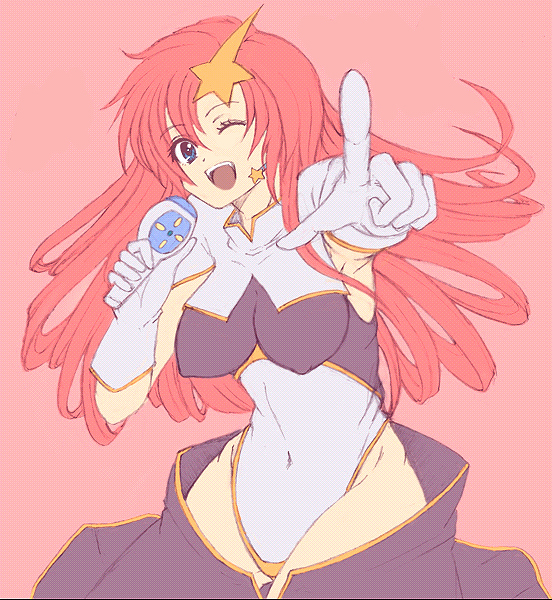 kannagi kaname, meer campbell, gundam, gundam seed, gundam seed destiny, mermaid melody pichi pichi pitch, bad id, bad pixiv id, 1girl, blue eyes, female focus, gloves, hair ornament, highleg, leotard, long hair, microphone, music, one eye closed, parody, pink hair, singing, solo, star (symbol), star hair ornament, wink