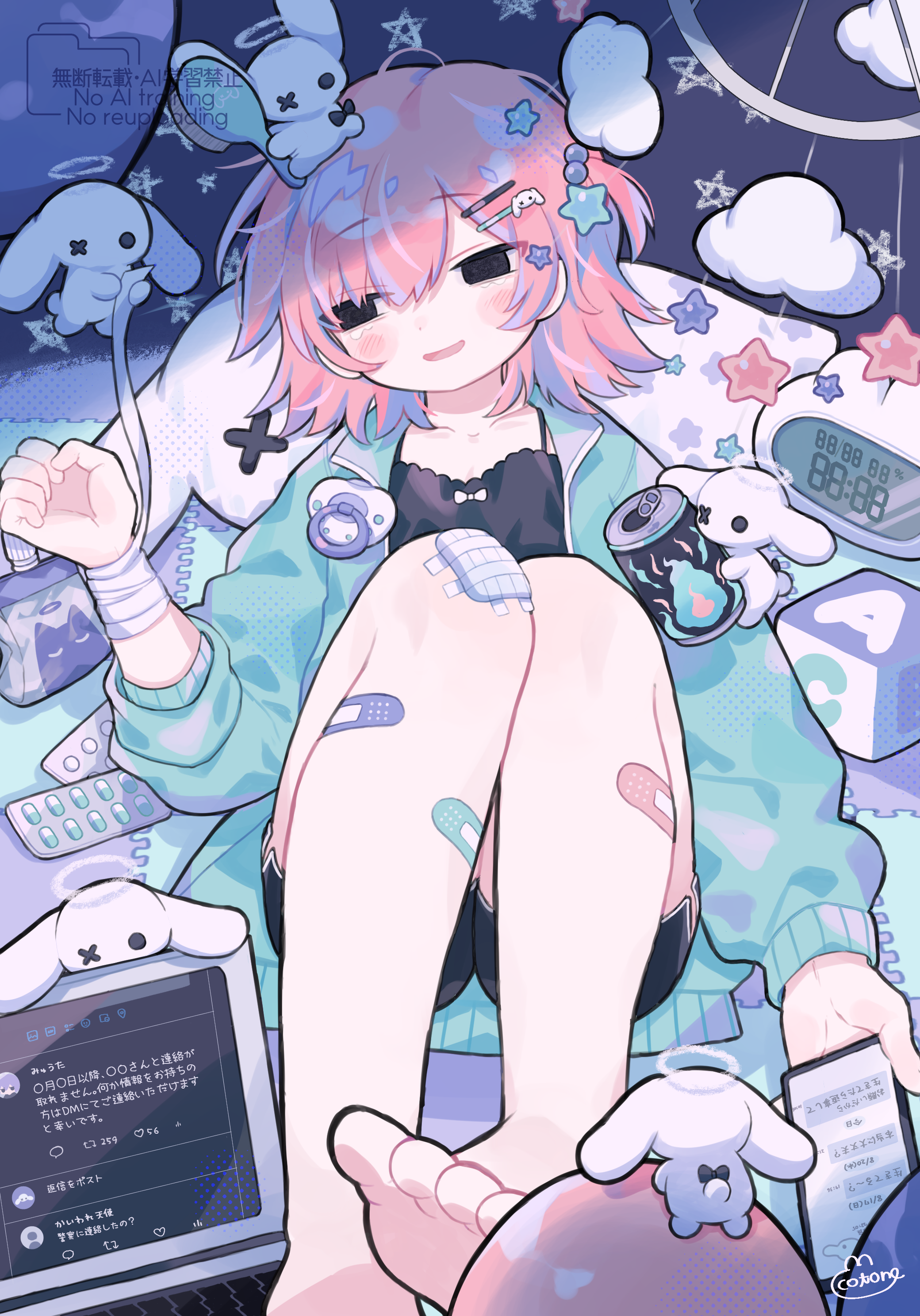 cotono (nazekun), original, absurdres, commentary, highres, translation request, 1girl, alarm clock, aqua jacket, bandaged wrist, bandages, bandaid, bandaid on leg, barefoot, black eyes, blister pack, can, cellphone, clock, computer, drink can, hair ornament, hairpin, holding, holding phone, implied self-harm, jacket, laptop, lying, on back, open clothes, open jacket, parted lips, phone, pill, pink hair, rabbit, smartphone, soda can, solo, tears, track jacket, watermark