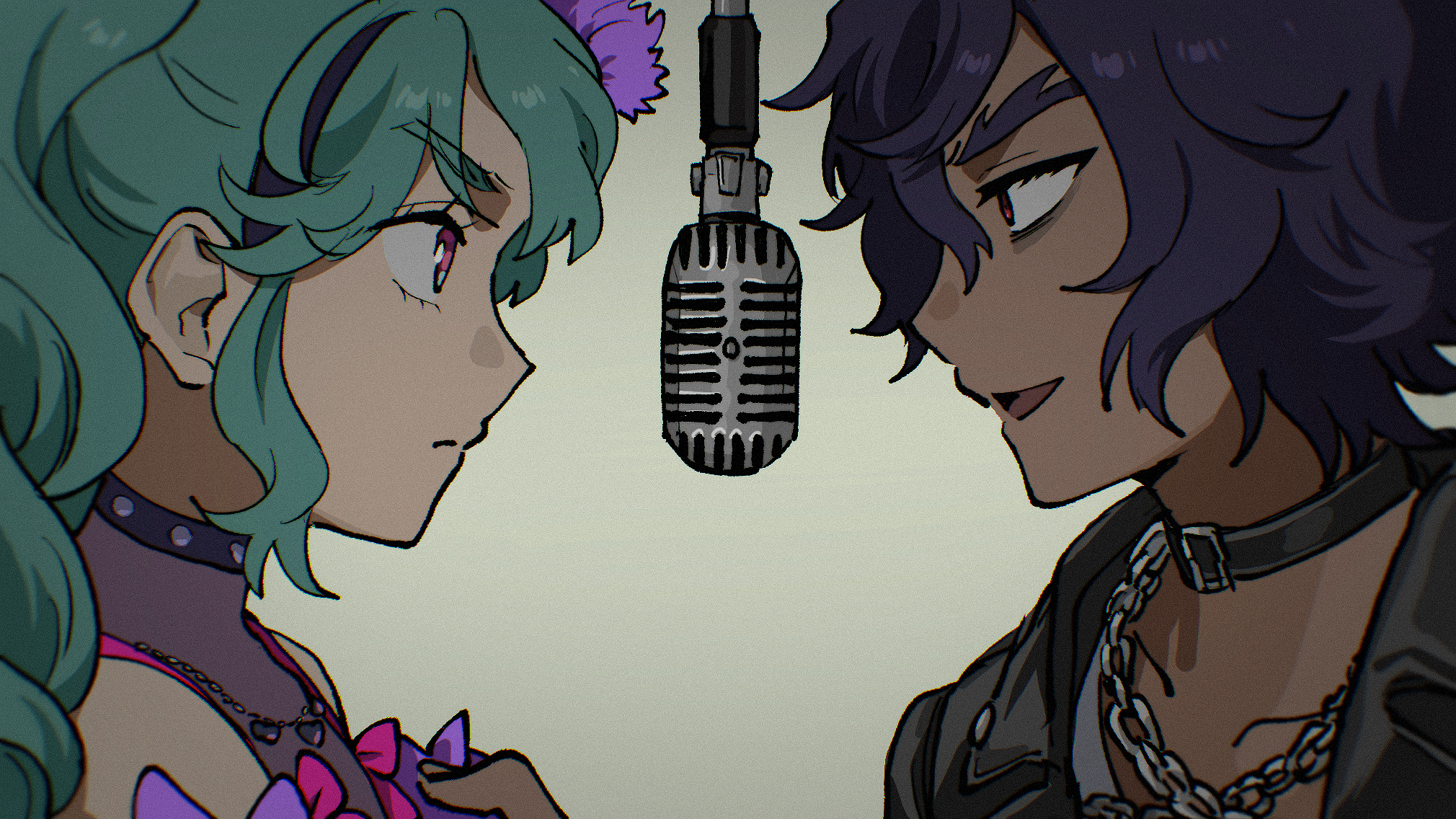 katasumi amari, pretty series, pripara, commentary request, highres, 1boy, 1girl, black choker, chain, choker, closed mouth, dark-skinned male, dark skin, eye contact, face-to-face, from side, green hair, grey background, idol land pripara, jibakuneko, long hair, looking at another, mario (pripara), microphone, open mouth, pink eyes, profile, purple hair, red eyes, short hair, smile, twintails, upper body