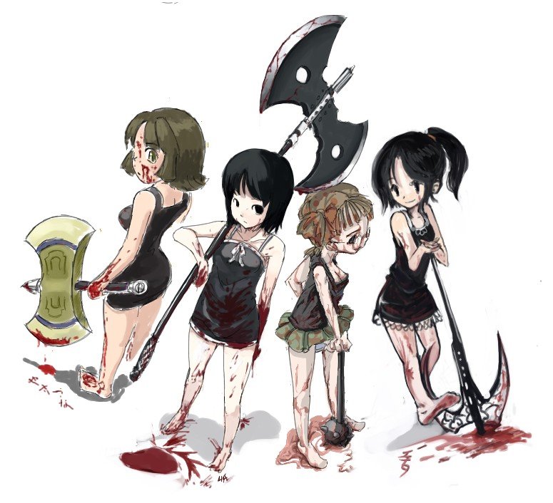 4shi, copyright request, 4girls, axe, barefoot, black hair, blood, brown hair, double axe, double bladed axe, glasses, green eyes, halberd, mace, multiple girls, one-piece swimsuit, polearm, ponytail, school swimsuit, short hair, swimsuit, weapon