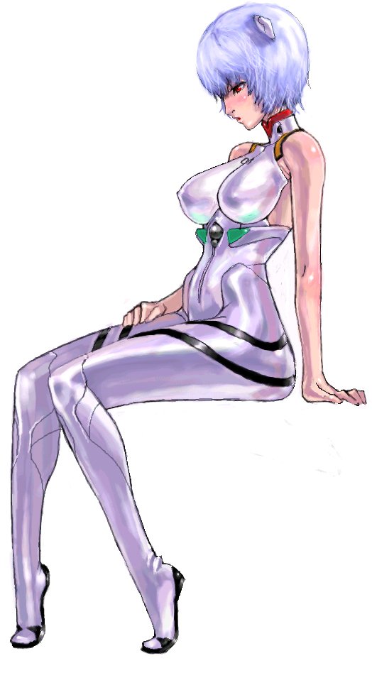sochie, ayanami rei, neon genesis evangelion, 1girl, blue hair, breasts, covered erect nipples, female focus, interface headset (evangelion), large breasts, mecha pilot suit, plugsuit (evangelion), red eyes, short hair, sitting, skin tight, sleeveless, solo