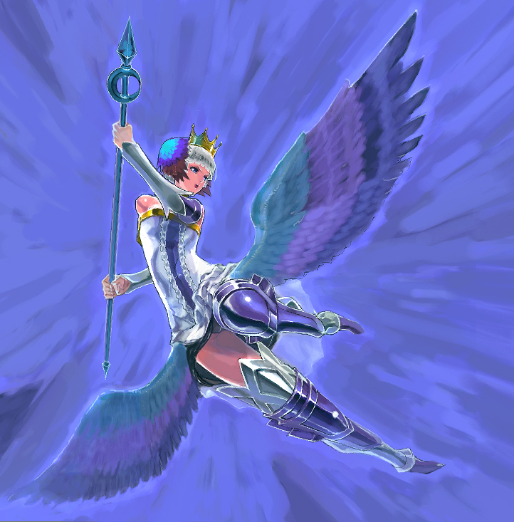 sochie, gwendolyn (odin sphere), odin sphere, 1girl, armor, armored dress, blue background, blue theme, crown, dress, female focus, head wings, low wings, multicolored wings, polearm, solo, spear, strapless, strapless dress, weapon, wings