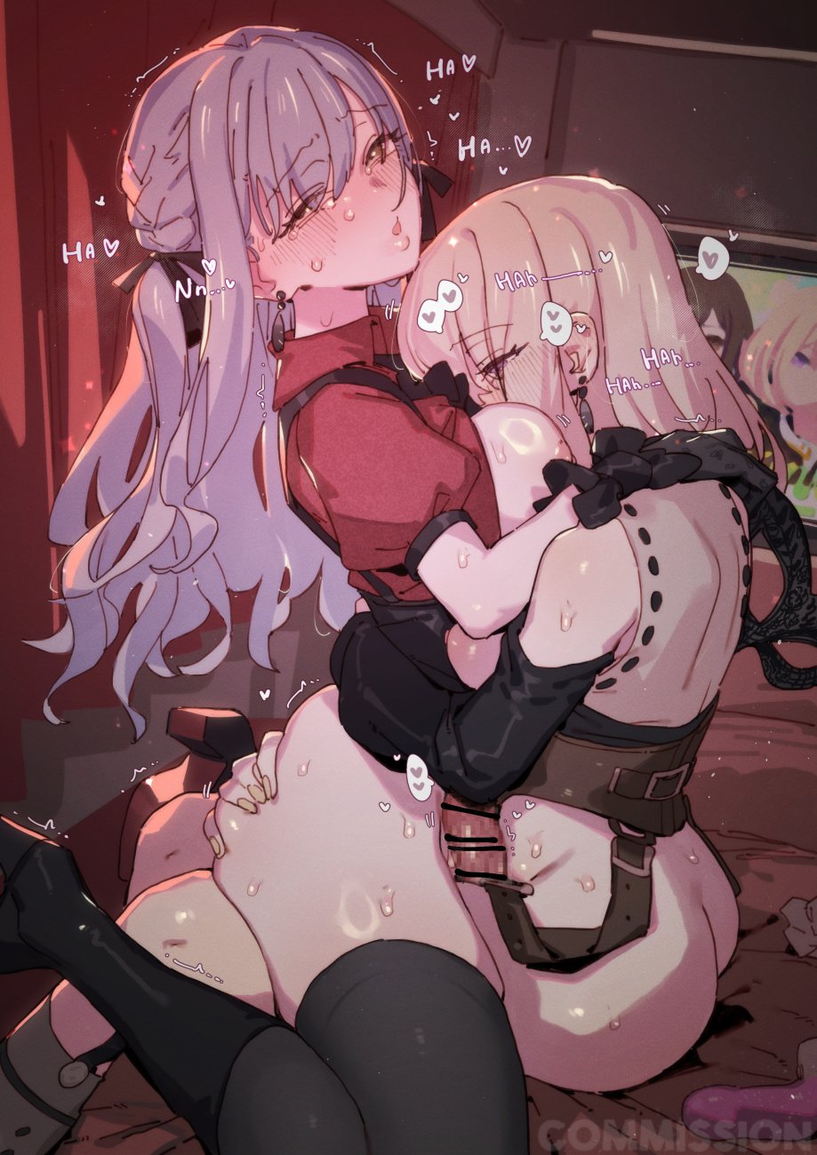 gsusart, doloris (bang dream!), misumi uika, oblivionis (bang dream!), sumita mana, togawa sakiko, bang dream!, bang dream! it's mygo!!!!!, commentary, commission, english commentary, highres, 2girls, bar censor, black thighhighs, blonde hair, blue hair, blush, breasts, censored, dildo, futa with female, futanari, heart, hug, long hair, medium breasts, medium hair, multiple girls, open mouth, penis, red shirt, sex toy, shirt, short sleeves, sidelocks, sumimi (bang dream!), sweat, thighhighs, yellow eyes