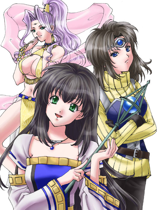 sirotuka lambda, jeane (suikoden), lorelai (suikoden), viki, viki (suikoden), gensou suikoden, gensou suikoden v, konami, 3girls, black hair, blue eyes, breasts, brown hair, cleavage, detached sleeves, dress, gloves, green eyes, large breasts, legs, long hair, midriff, multiple girls, pink hair, ponytail, shawl, short hair, staff, thighs