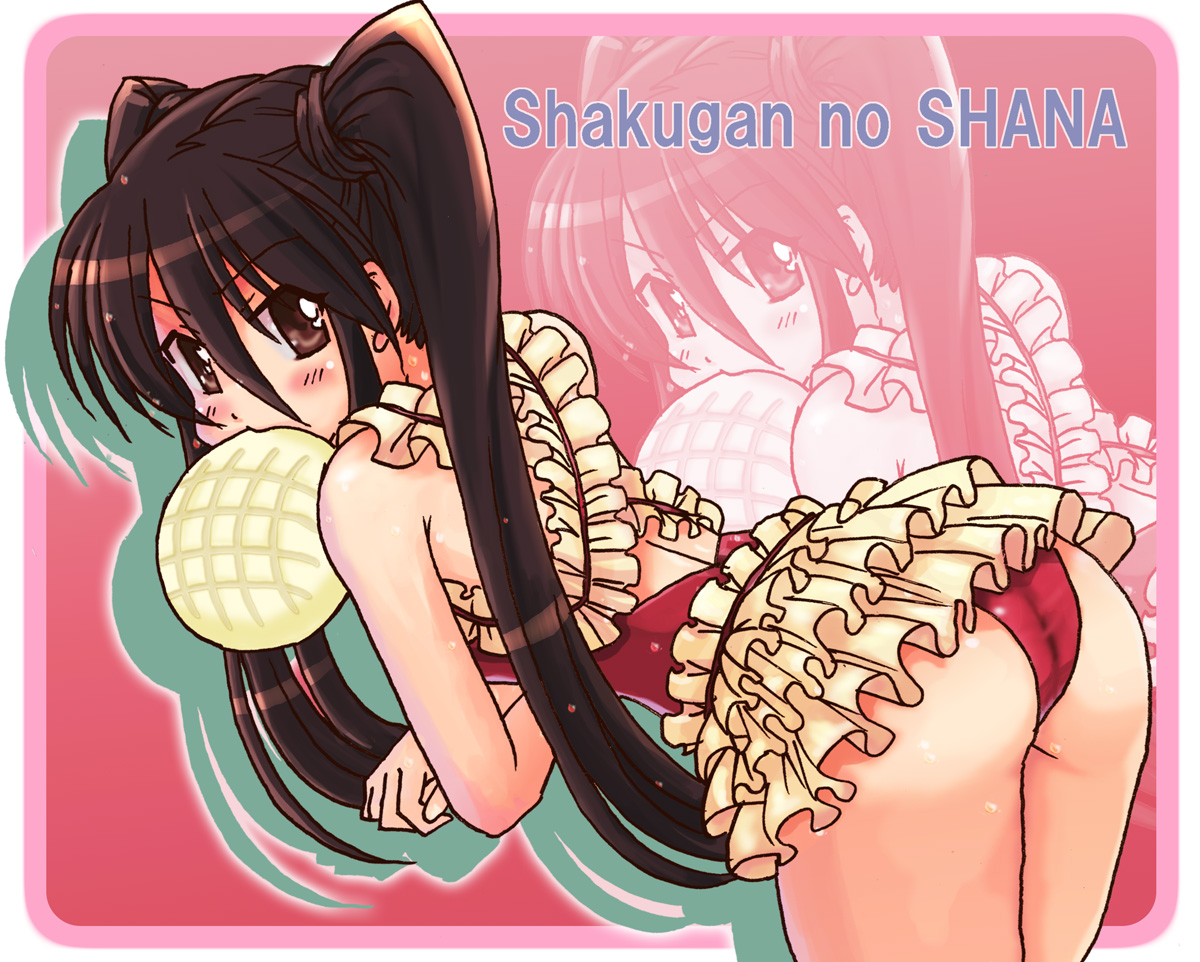 hamoto, shana, shakugan no shana, bad id, bad pixiv id, 00s, ass, bikini, black hair, bread, casual one-piece swimsuit, food, frilled bikini, frills, melon bread, mouth hold, one-piece swimsuit, red bikini, solo, swimsuit, twintails, zoom layer