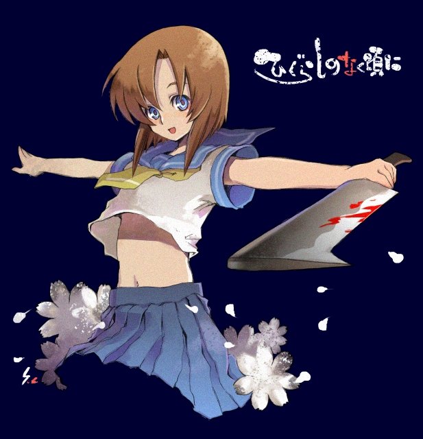 chiba sadoru, sencha, ryuuguu rena, higurashi no naku koro ni, bad id, bad pixiv id, 00s, 1girl, black pantyhose, blood, bloody weapon, blue skirt, dagger, female focus, knife, looking at viewer, midriff, navel, neckerchief, outstretched arms, pantyhose, pleated skirt, sailor collar, school uniform, serafuku, shirt, short sleeves, skirt, solo, stomach, weapon, white shirt, yellow neckerchief