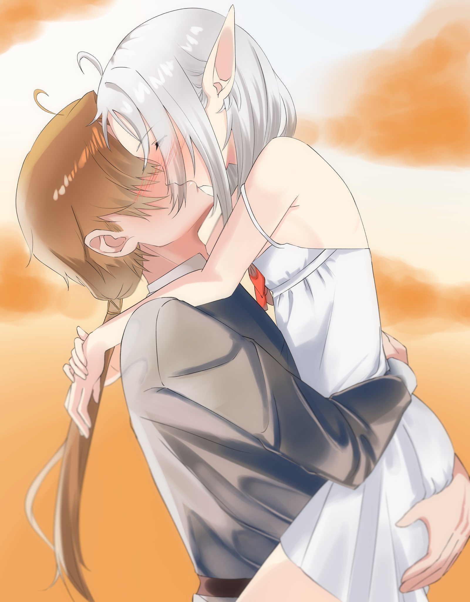 rudeus greyrat, sylphiette (mushoku tensei), mushoku tensei, highres, 1boy, 1girl, ahoge, blush, carrying, carrying person, closed eyes, dress, elf, izumi 1225, kiss, pointy ears, ponytail, sundress, white hair