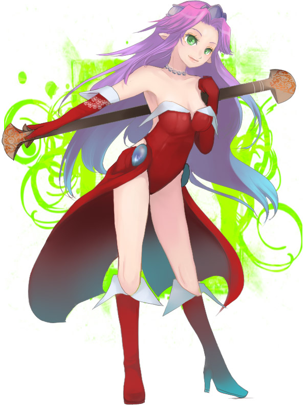 masago (rm-rf), masagomi, angela (seiken densetsu 3), seiken densetsu, seiken densetsu 3, 1girl, boots, breasts, cleavage, crown, elbow gloves, elf, female focus, gloves, green eyes, hair intakes, hat, high heel boots, high heels, jewelry, legs apart, leotard, long hair, medium breasts, necklace, pointy ears, purple hair, red boots, red leotard, solo, staff, standing, tiara, very long hair, white background