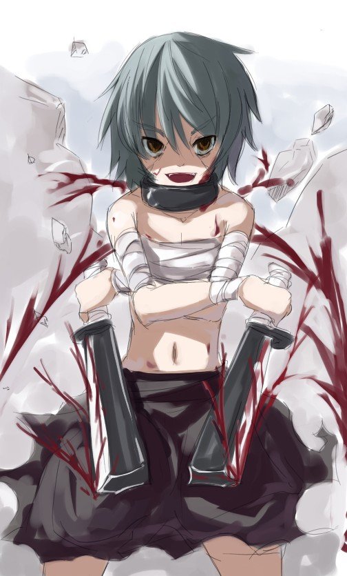 4shi, blade, copyright request, 1girl, bandages, blood, female focus, open mouth, sarashi, smile, solo, tsurime, weapon