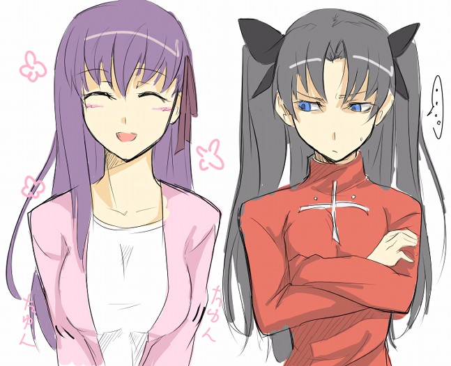 nana g, matou sakura, tohsaka rin, fate/stay night, fate (series), 00s, 2girls, black hair, blue eyes, breast envy, breasts, multiple girls, purple hair, ribbon, siblings, sisters, smile, twintails, two side up