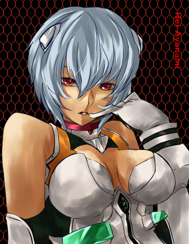 nana g, ayanami rei, neon genesis evangelion, silver hair, 1girl, adapted costume, black background, blue hair, bodysuit, breasts, character name, cleavage, female focus, hair between eyes, hand on own face, honeycomb (pattern), honeycomb background, honeycomb pattern, interface headset (evangelion), large breasts, lips, looking at viewer, mecha pilot suit, plugsuit (evangelion), red eyes, short hair, solo, tan, teeth, upper body