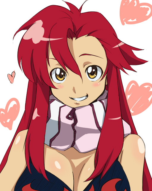 nana g, yoko littner, tengen toppa gurren lagann, 00s, 1girl, alternate hairstyle, bikini, blush, bra, breasts, cleavage, female focus, hair down, heart, large breasts, lingerie, long hair, looking at viewer, red hair, scarf, smile, solo, striped clothes, striped scarf, swimsuit, underwear, upper body, yellow eyes