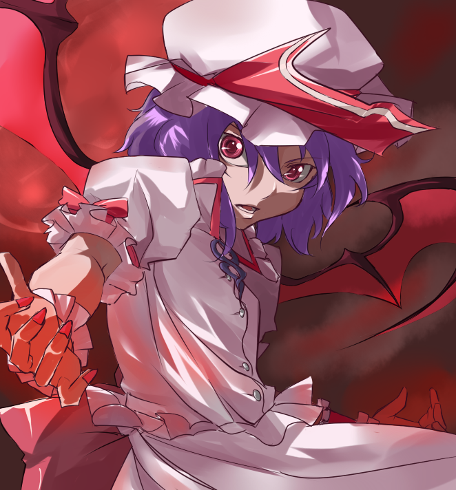 nana g, remilia scarlet, touhou, 1girl, female focus, gradient background, hair between eyes, hat, skirt, solo, wings