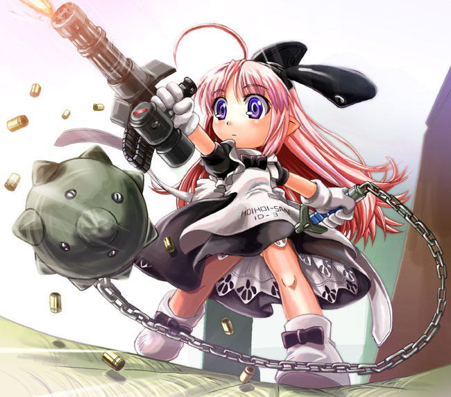hoihoi-san, ichigeki sacchuu!! hoihoi-san, ball and chain (weapon), flail, gatling gun, gloves, gun, pointy ears, shell casing, solo, weapon