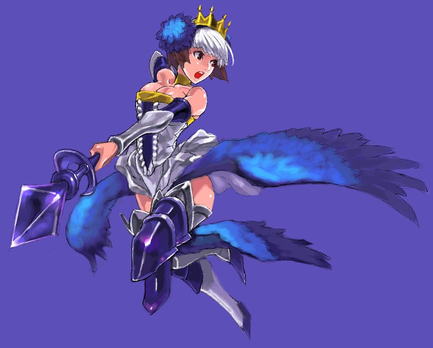 sochie, gwendolyn (odin sphere), odin sphere, 1girl, armor, armored dress, crown, dress, female focus, head wings, leg wings, low wings, polearm, purple background, purple theme, solo, spear, strapless, strapless dress, thighhighs, weapon, wings