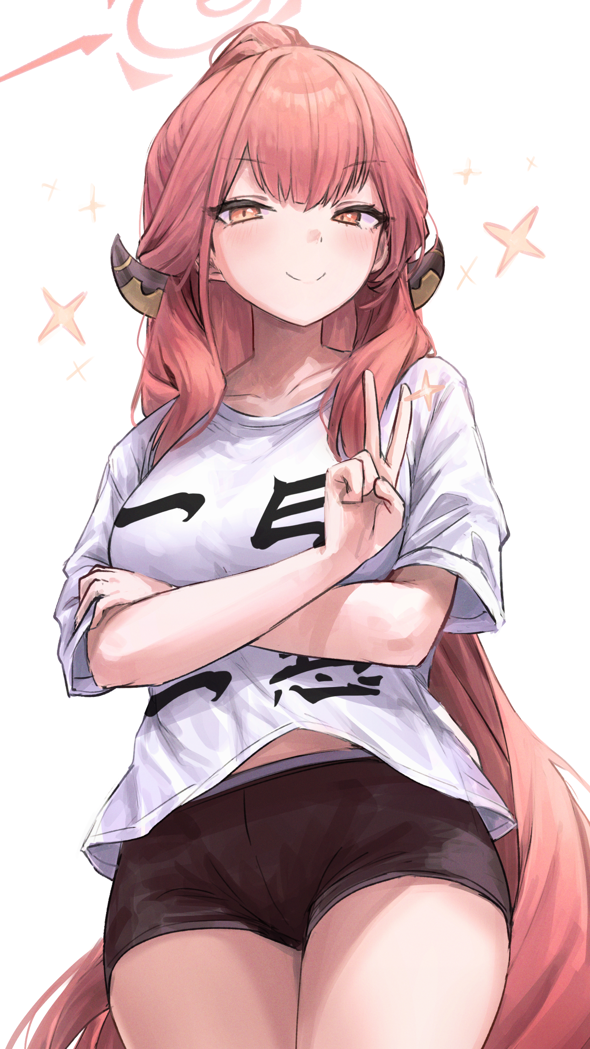 gabang, aru (blue archive), blue archive, absurdres, highres, 1girl, alternate costume, alternate hairstyle, black shorts, blush, closed mouth, crossed arms, demon girl, demon horns, horns, long hair, looking at viewer, ponytail, red hair, shirt, short shorts, shorts, smile, solo, t-shirt, v, white shirt, yellow eyes