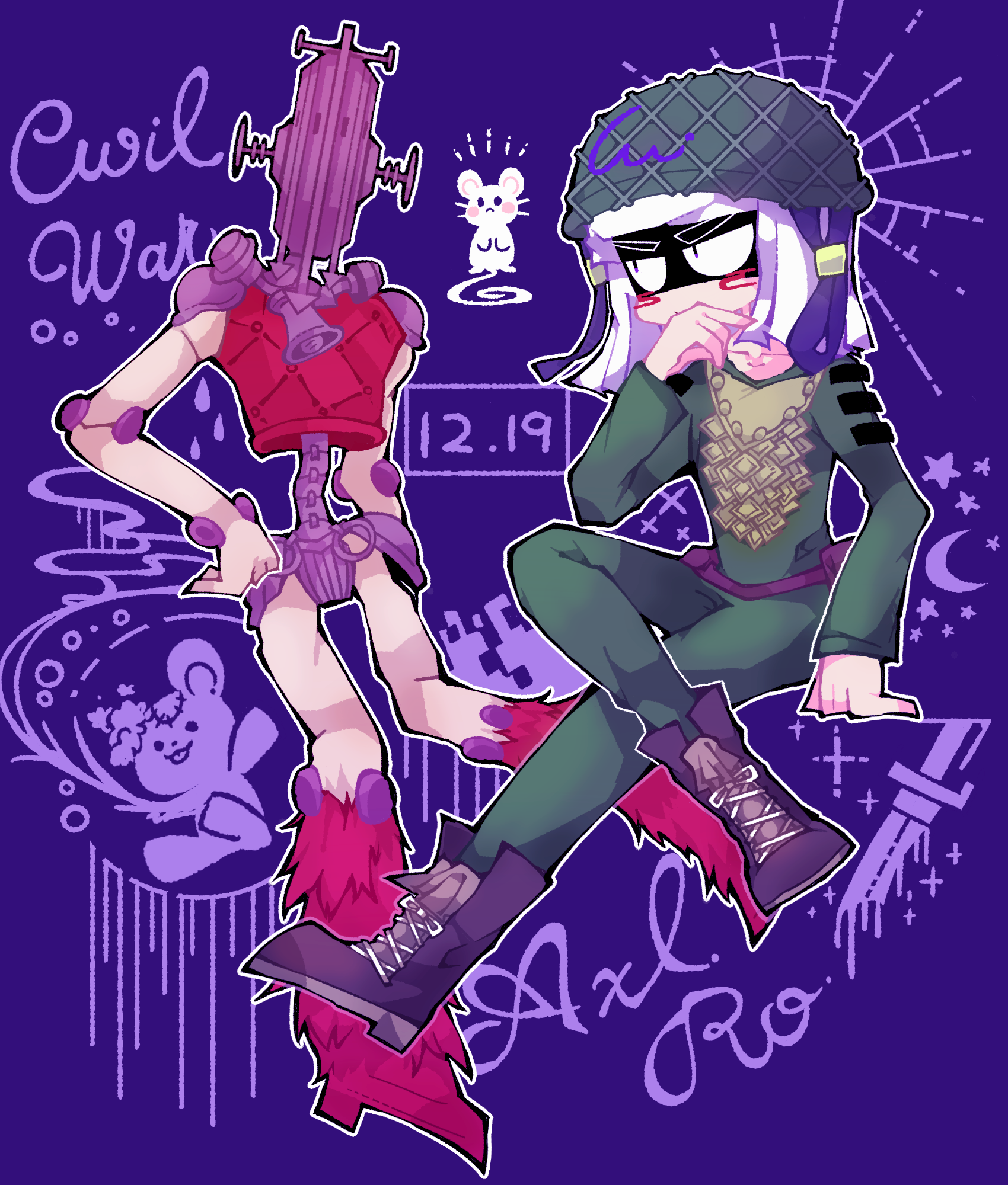 axl ro, civil war (stand), danny (sbr), stand (jojo), jojo no kimyou na bouken, steel ball run, commentary request, highres, 1boy, 1other, belt, boots, character name, combat helmet, crescent moon, crossed legs, dated, green helmet, green pants, green shirt, helmet, knife, kokerata, m1 helmet, male focus, moon, mouse (animal), mullet, pants, purple background, purple belt, purple boots, shirt, sitting, stuffed animal, stuffed toy, teddy bear