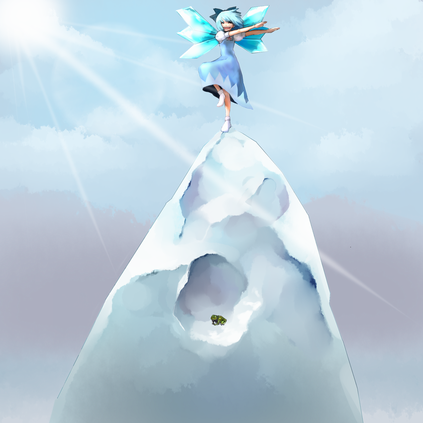 chirigami-san, cirno, shoot the bullet, touhou, bad id, bad pixiv id, 1girl, ^ ^, closed eyes, female focus, frog, grin, smile, snow, socks, solo