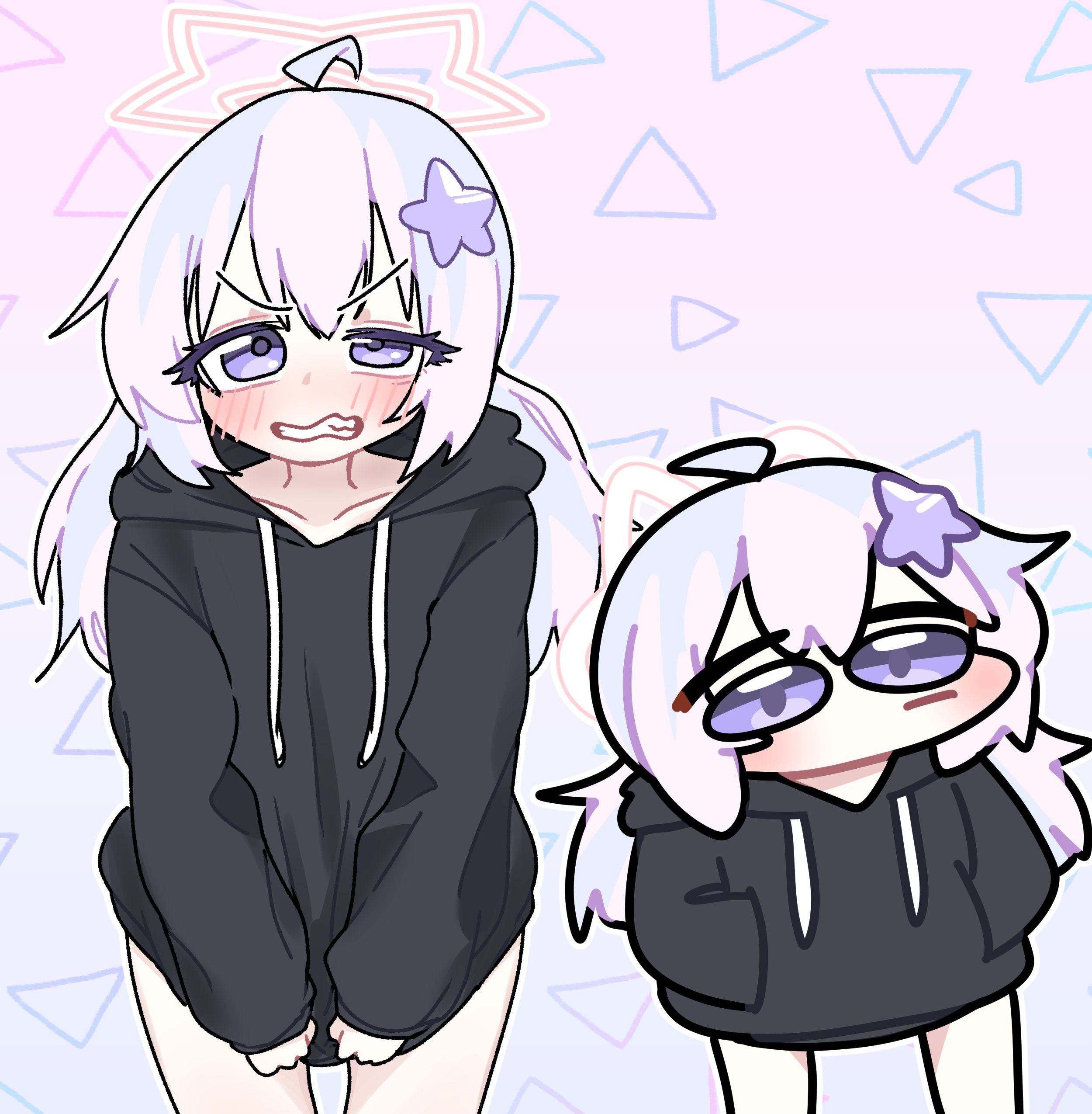 ggeuwek, reisa (blue archive), blue archive, absurdres, highres, 1girl, ahoge, black hoodie, blue hair, blush, chibi, clenched teeth, hair ornament, halo, hood, hoodie, long hair, long sleeves, looking at viewer, multicolored hair, multiple views, pink hair, purple eyes, purple hair, star (symbol), star hair ornament, streaked hair, teeth, twintails