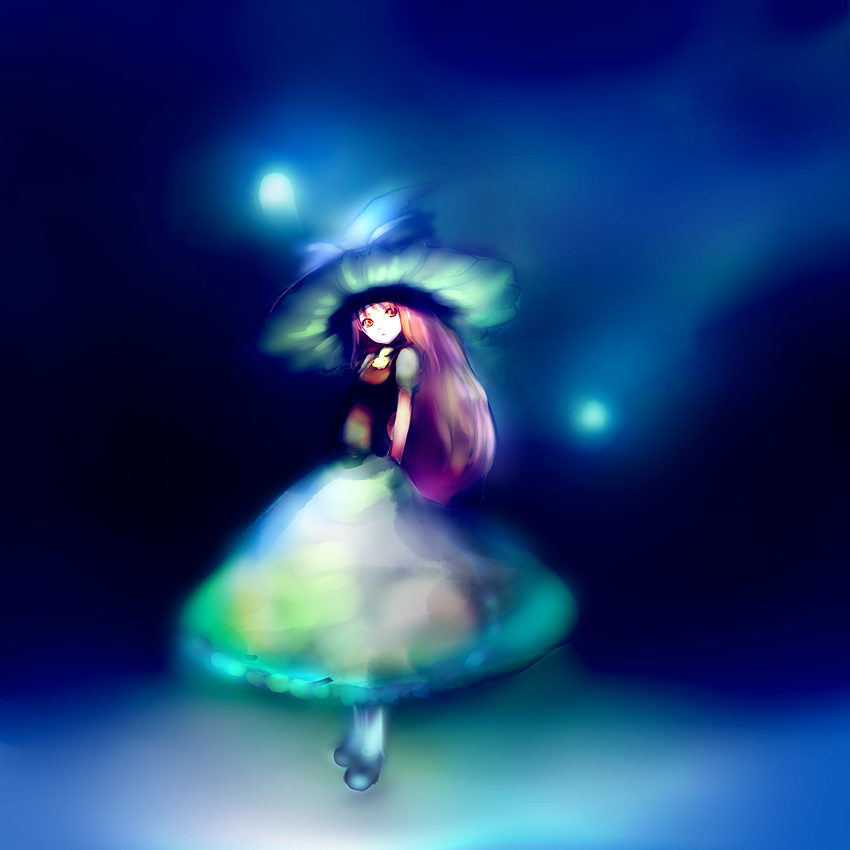 chirigami-san, kirisame marisa, touhou, bad id, bad pixiv id, 1girl, blonde hair, blurry, female focus, hat, long hair, long skirt, orange eyes, pink hair, skirt, solo, standing, witch hat