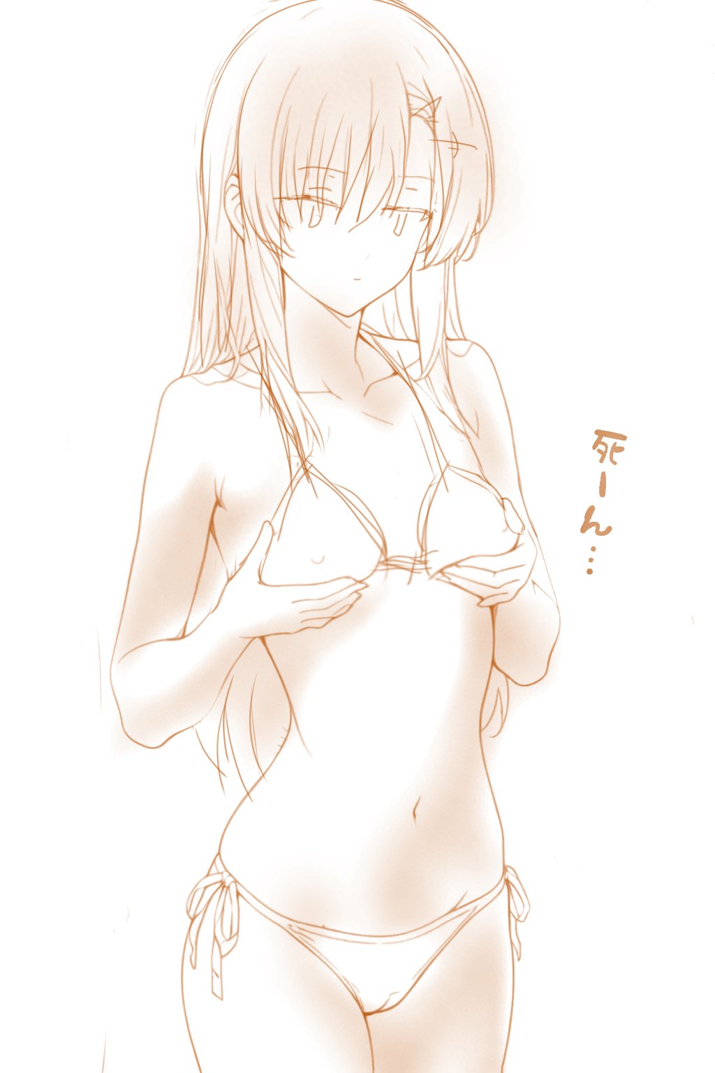 mg☆1/100, katsura hinagiku, hayate no gotoku!, highres, 1girl, bikini, breasts, cameltoe, collarbone, flat chest, grabbing own breast, long hair, monochrome, navel, solo, stomach, swimsuit, thighs