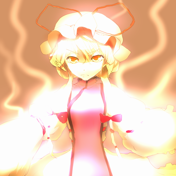 chirigami-san, yakumo yukari, touhou, bad id, bad pixiv id, 1girl, blonde hair, bow, dress, expressionless, female focus, frills, frown, hair bow, hat, long hair, long sleeves, looking at viewer, looking back, mob cap, red bow, red eyes, short hair, solo, tabard, white dress, yellow eyes