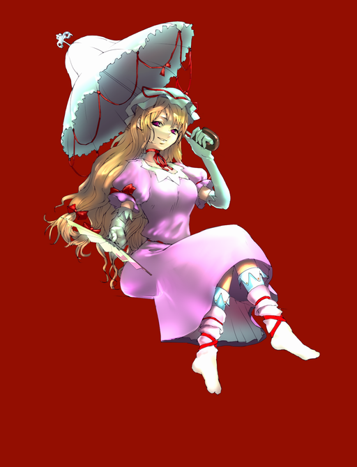 yakumo yukari, touhou, 1girl, blonde hair, bow, dress, elbow gloves, female focus, folding fan, foreshortening, gloves, hair bow, hand fan, hat, long hair, purple eyes, ribbon, simple background, solo, umbrella