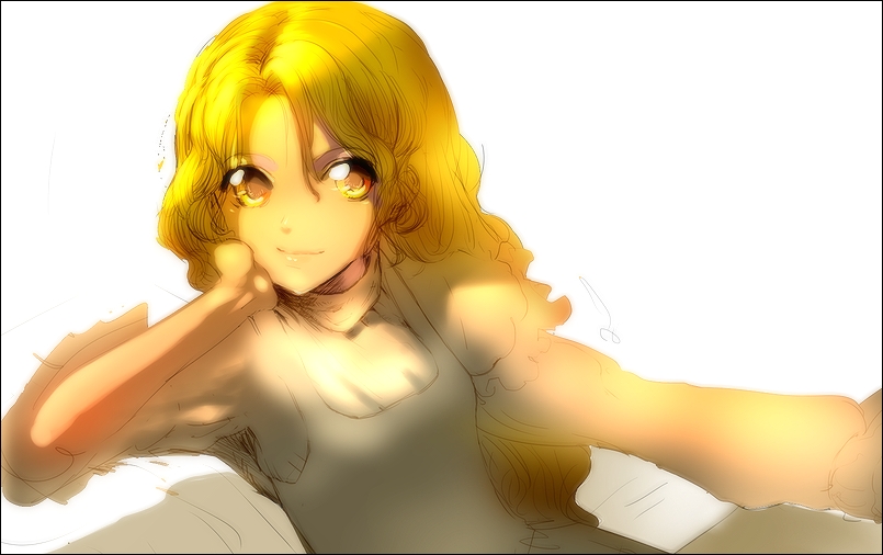kirisame marisa, touhou, 1girl, blonde hair, female focus, frills, smile, solo, tank top, white background, yellow eyes