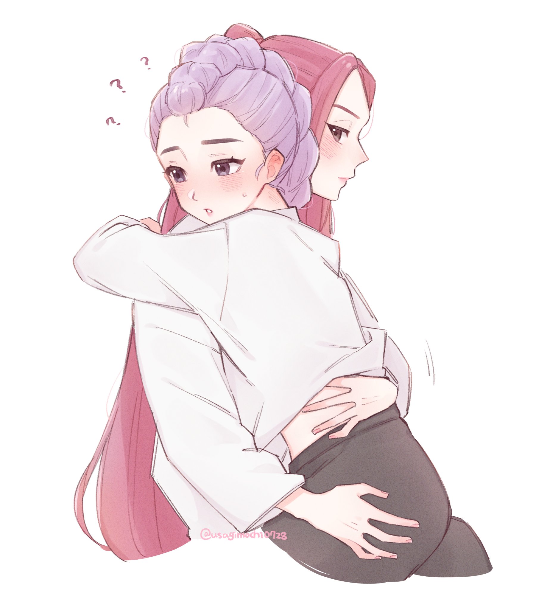 mira (kpop demon hunters), rumi (kpop demon hunters), kpop demon hunters, commentary, highres, 2girls, ?, ??, arms around neck, black skirt, blush, closed mouth, hand on another's waist, hand under clothes, hand under shirt, hug, long hair, long sleeves, multiple girls, parted lips, purple eyes, purple hair, red hair, shirt, simple background, skirt, twitter username, usagimochi0728, white background, white shirt, yuri