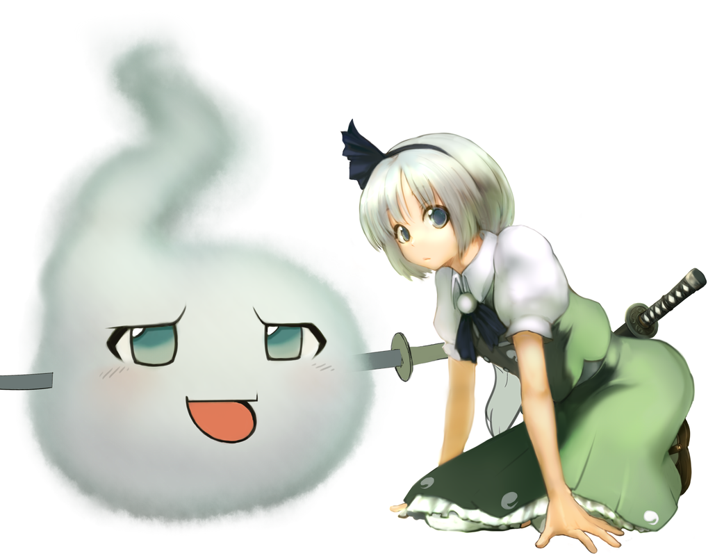 chirigami-san, konpaku youmu, konpaku youmu (ghost), touhou, silver hair, 1girl, aqua eyes, female focus, hairband, hitodama, katana, sheath, solo, sword, weapon, yukkuri shiteitte ne