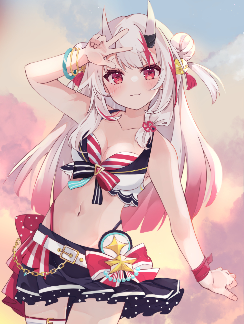 nakiri ayame, hololive, highres, bikini under shorts, breasts, hair between horns, hololive summer 2023 swimsuit, horns, kurataoji, oni, swimsuit, virtual youtuber