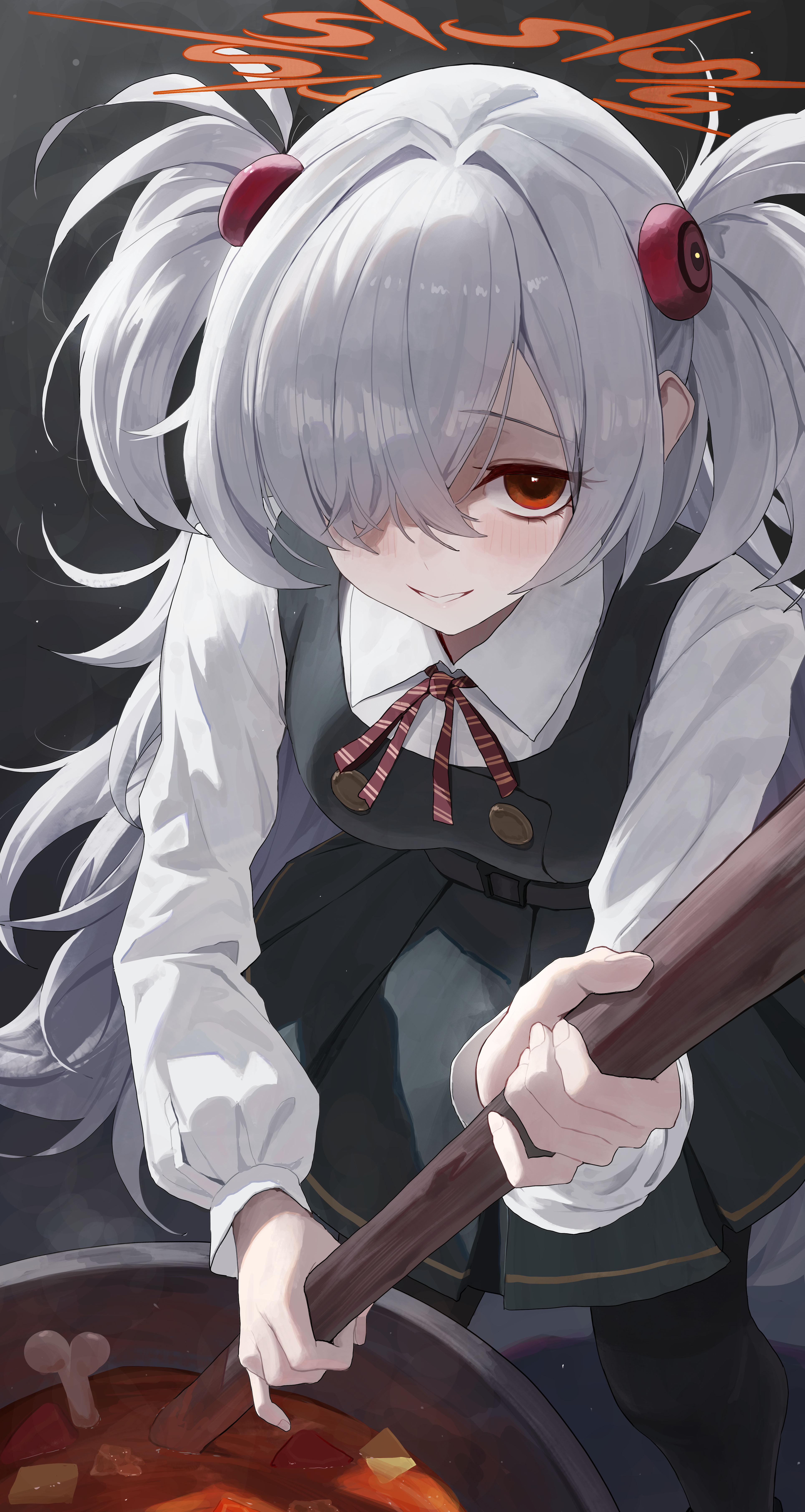 re naya, kanoe (blue archive), blue archive, absurdres, commentary request, highres, 1girl, black dress, breasts, brown eyes, brown halo, brown ribbon, cauldron, collared shirt, diagonal-striped ribbon, dress, food, from above, grey hair, grin, hair over one eye, halo, light blush, long hair, long sleeves, looking at viewer, neck ribbon, pinafore dress, ribbon, shirt, sleeveless, sleeveless dress, small breasts, smile, solo, stirring, teeth, two side up, upturned eyes, white shirt