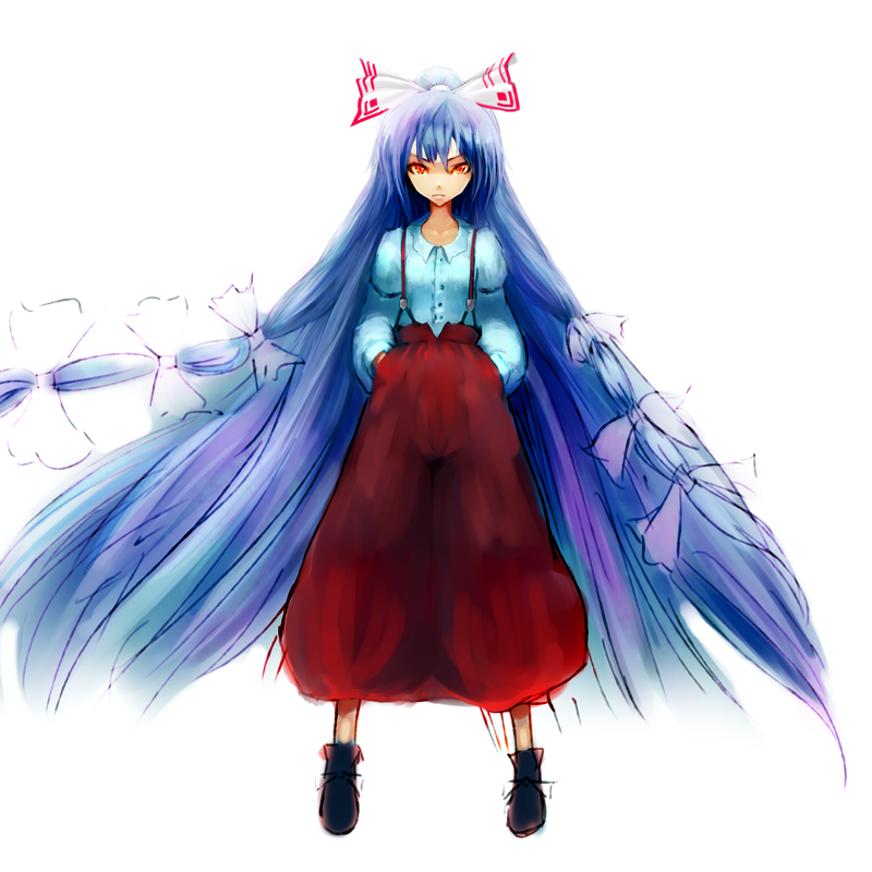chirigami-san, fujiwara no mokou, touhou, silver hair, bad id, bad pixiv id, 1girl, backlighting, bow, female focus, hair bow, long hair, multiple hair bows, red eyes, solo, standing, suspenders, very long hair