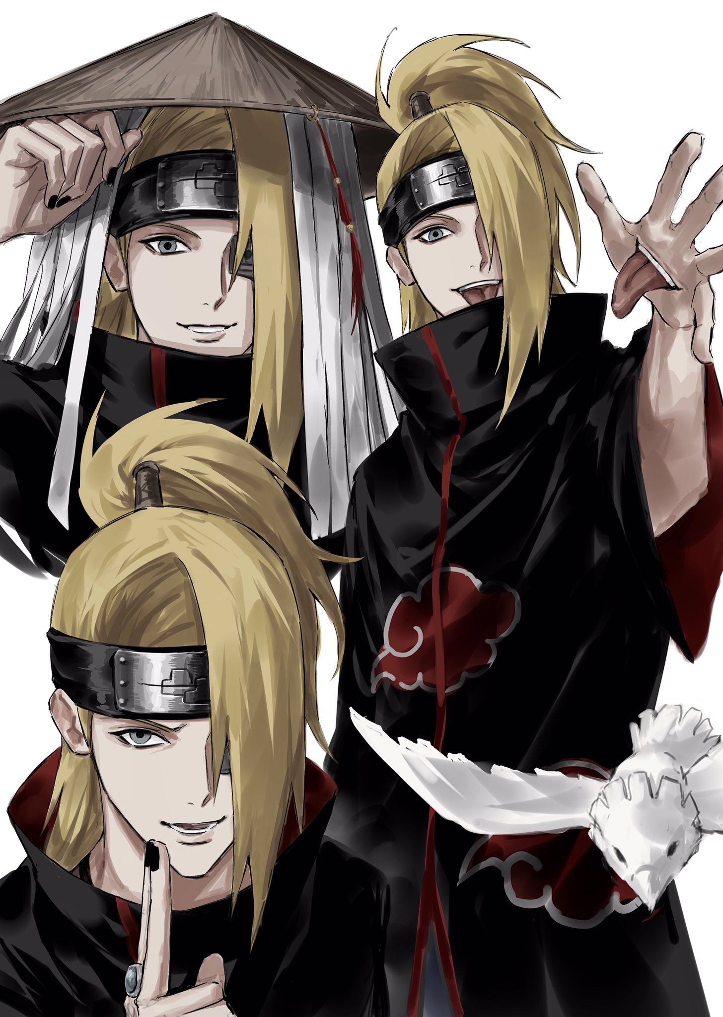 sso s, deidara (naruto), naruto (series), naruto shippuuden, highres, 1boy, akatsuki uniform, black nails, blonde hair, cowboy shot, forehead protector, hair over one eye, hand mouth, high ponytail, iwagakure symbol, long hair, looking at viewer, male focus, open mouth, ponytail, simple background, smile, solo, teeth, tongue, tongue out, upper body, upper teeth only, white background