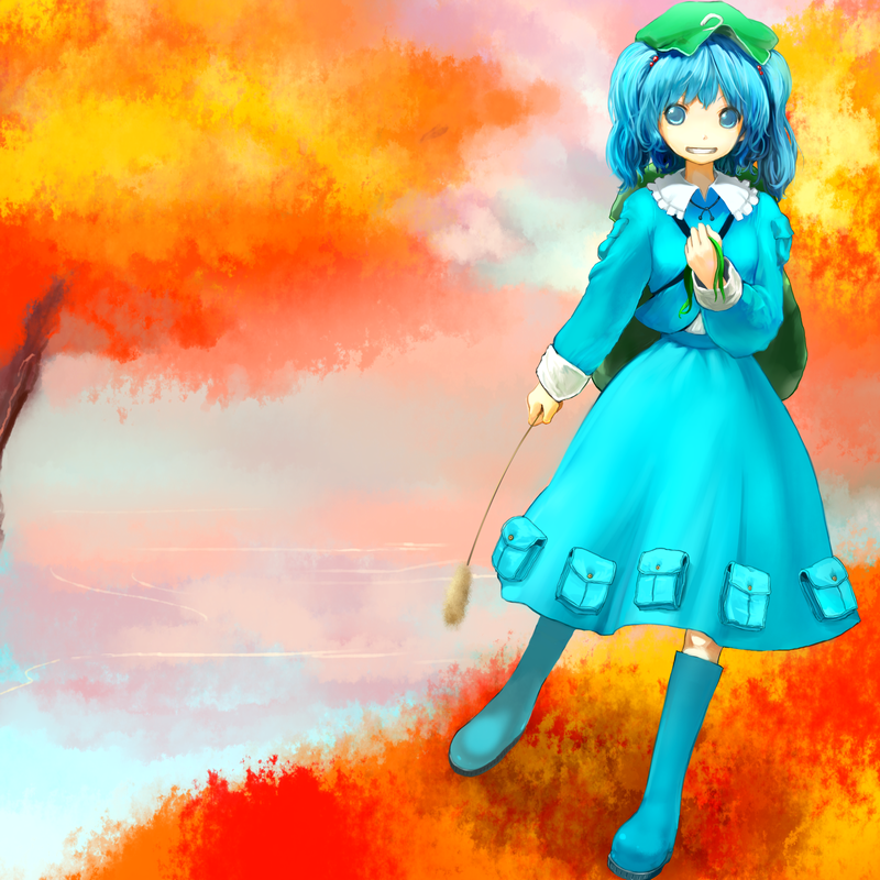 chirigami-san, kawashiro nitori, touhou, bad id, bad pixiv id, 1girl, autumn, backpack, bag, blue eyes, blue hair, boots, cattail, female focus, grin, hair bobbles, hair ornament, hat, matching hair/eyes, nature, plant, rubber boots, skirt, smile, solo, tree, twintails, two side up, water