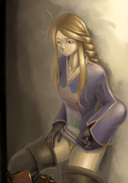 momigara (mmgrkmnk), nawashiro, ozzio, agrias oaks, final fantasy, final fantasy tactics, bad id, bad pixiv id, 1girl, blonde hair, blue eyes, braid, braided ponytail, dressing, female focus, female pubic hair, long hair, no panties, pubic hair, shirt, single braid, solo, thighhighs